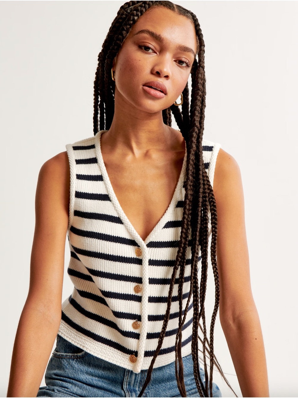 Abercrombie & Fitch Navy & White Striped V-Neck Knit Vest